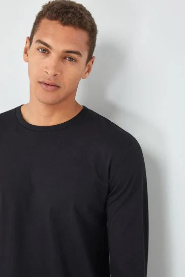 Cotton 100% Long Sleeve Crew Neck T-Shirt - Black - Brando - Basic Clothing for Men