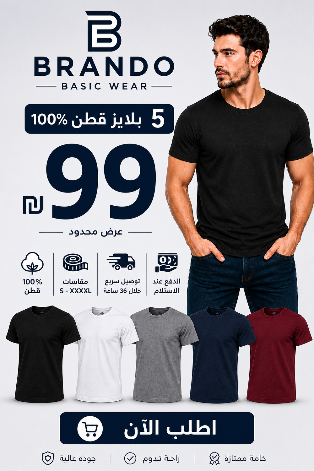 5-Pack 100% Cotton Crew Neck T-Shirts – 99₪ | RUN BE