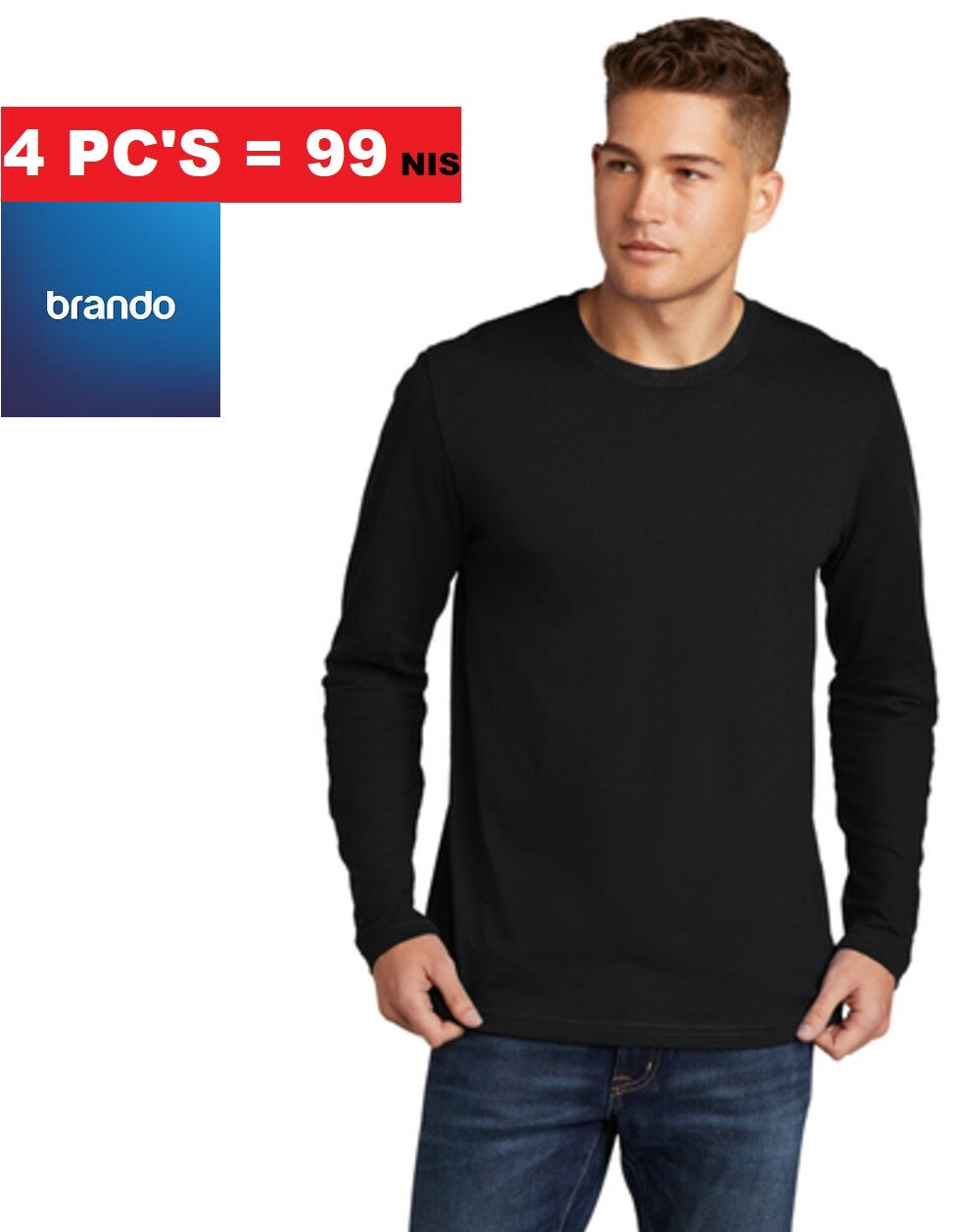 100% Cotton Long Sleeve Crew Neck T-Shirt - 4 Pack&nbsp; - Brando -  Basic Clothing for Men