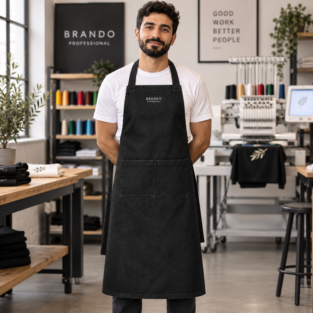 مريول جينز أسود طويل رجالي – طباعة وتطريز الشعارات | BRANDO PROFESSIONAL