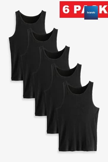 Ribbed 100% Cotton Vests 6 Pack -Black - Brando -  Basic Clothing for Men